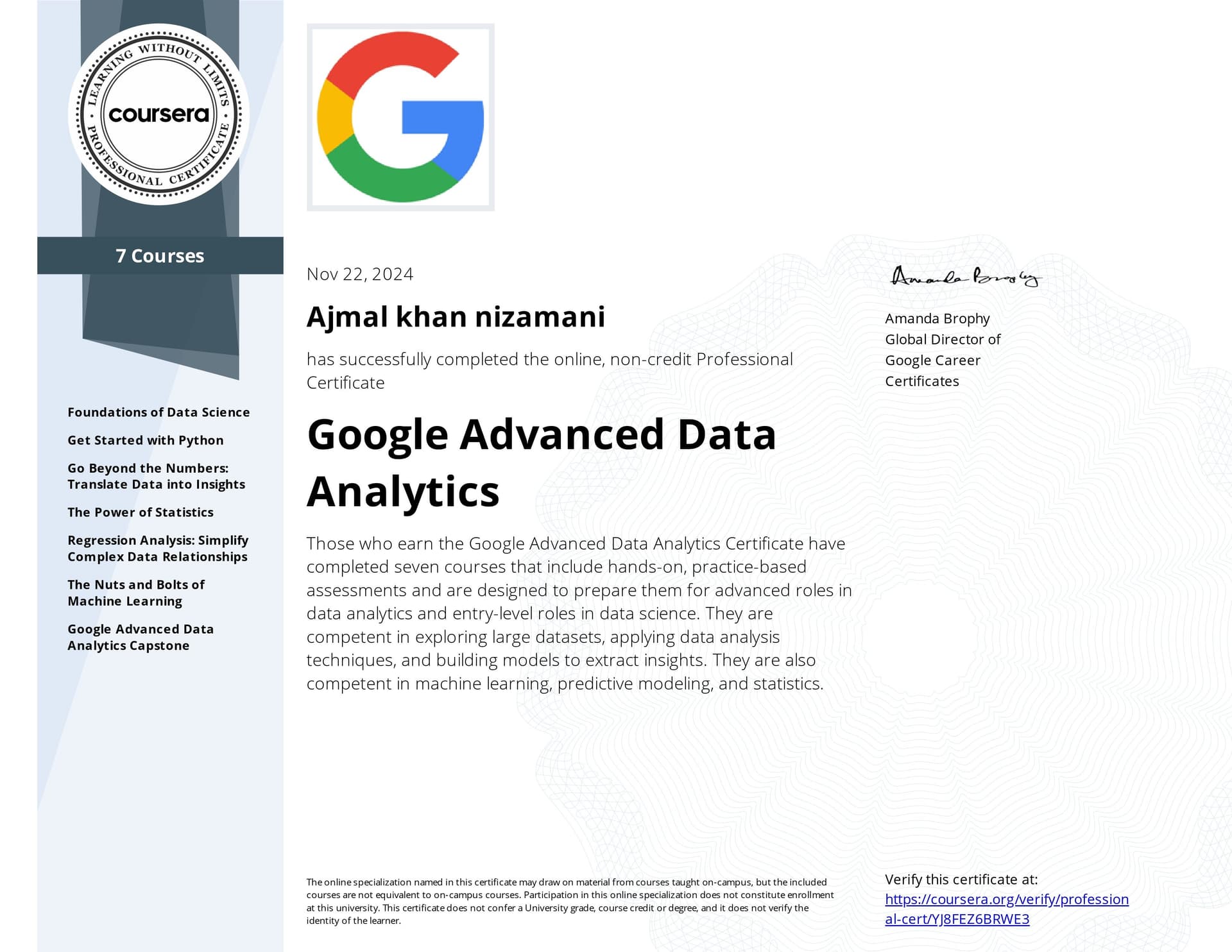 Google Advanced Data Analytics Professional Certificate